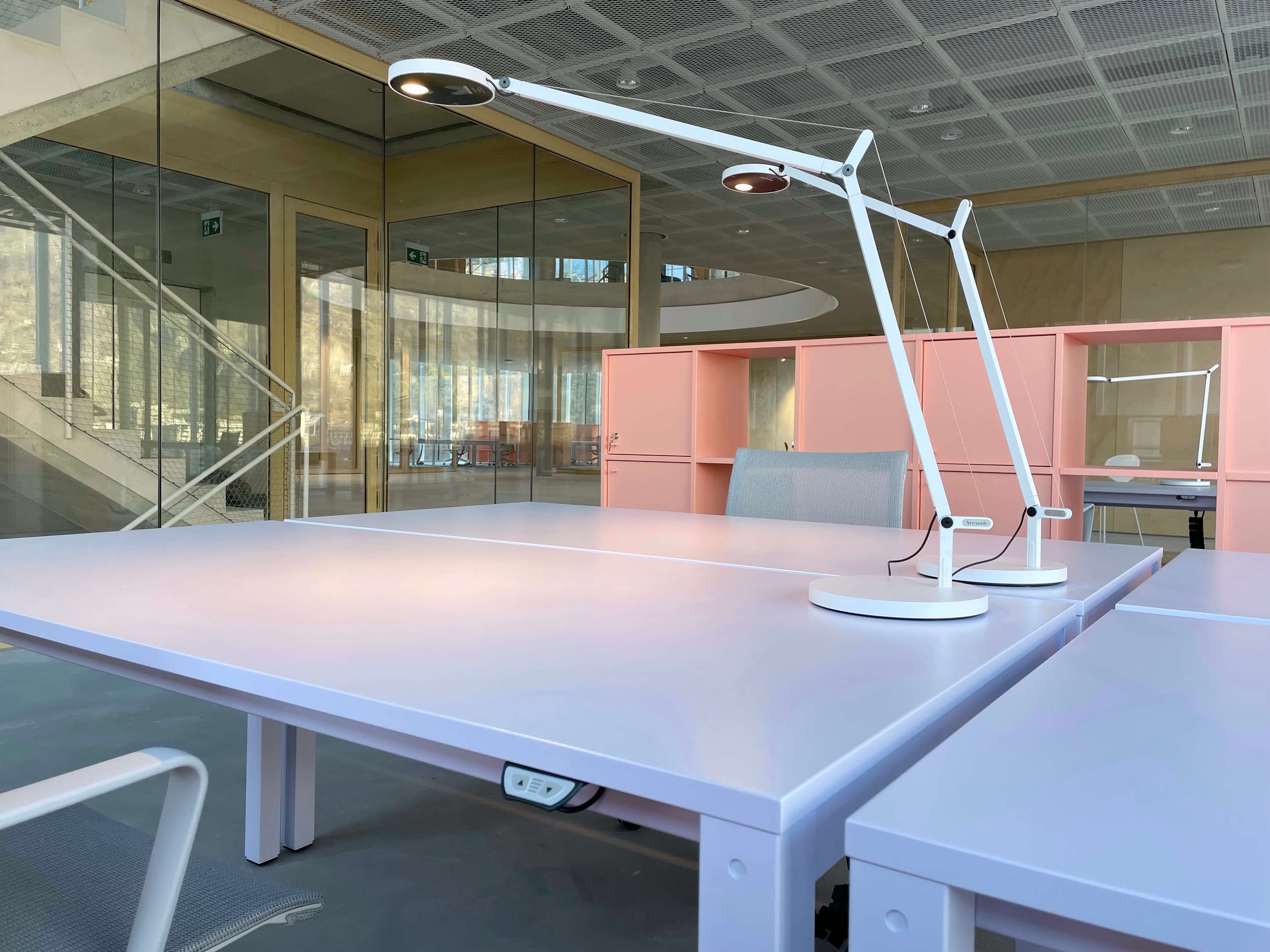 Arbeitsplätze mit weissen Tischleuchten auf grossen Tischen vor Glaswänden und lachsfarbenem Stauraum im Hochschulcampus in Brig.