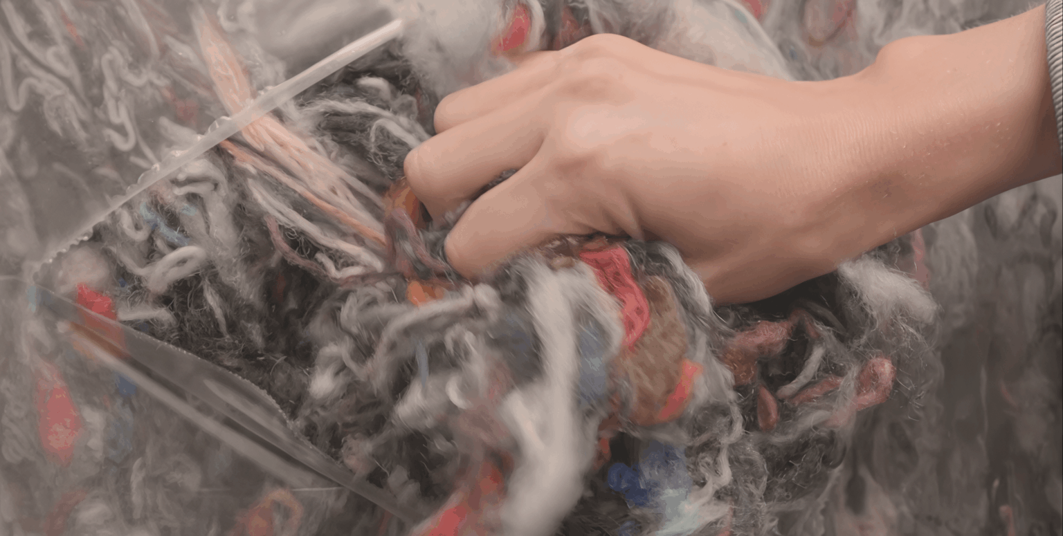 Hand greift in recycelte Textilfasern in transparentem Sack.