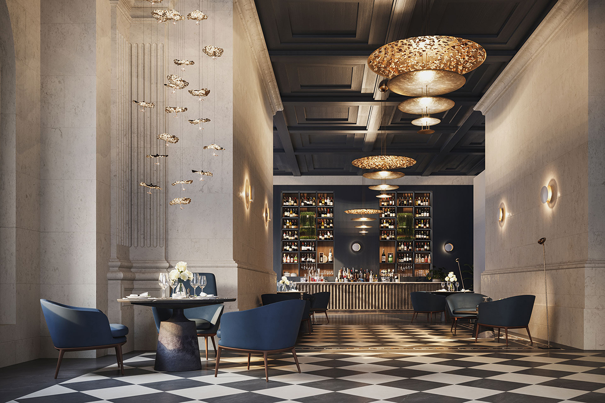 Eleganter Barbereich mit hohen Steinwänden, schwarz weissem Schachbrettboden, blauen Lounge Sesseln und einer Bar voller Flaschen, darüber mehrere goldfarbene Designleuchten und eine hängende Lichtinstallation.