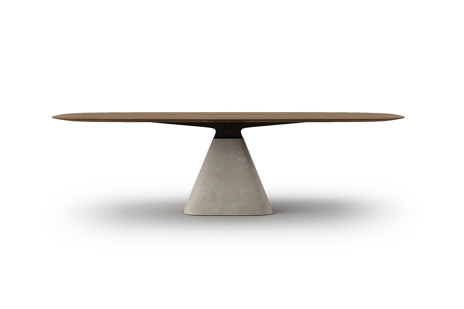 Freisteller eines ovalen Holztischs mit abgerundeter Platte auf konischem Betonsockel.