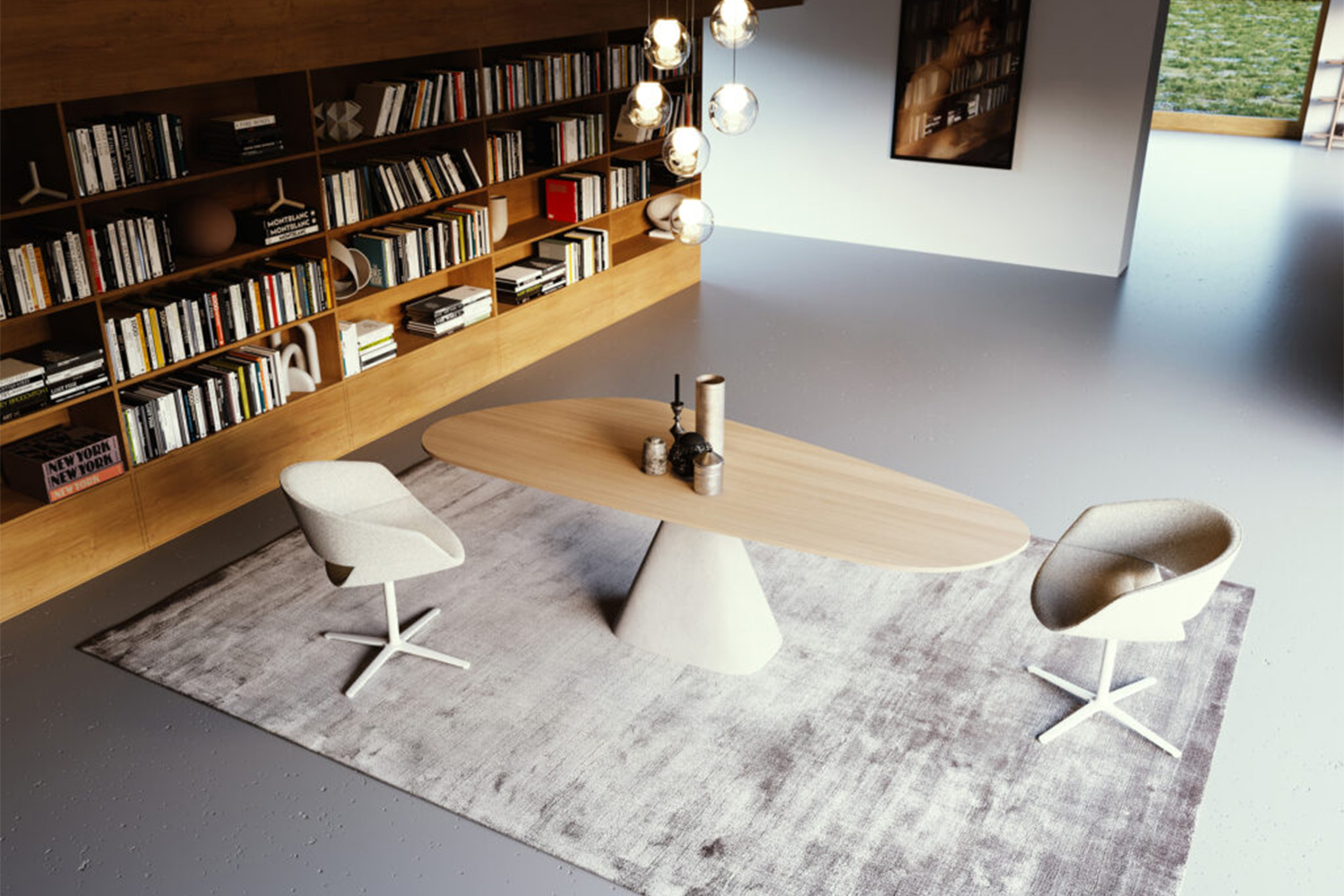 Oberlichtiger Wohnraum mit grosser wandfüllender Holzbibliothek, ovalem Holztisch auf konischem Sockel, zwei weissen Drehstühlen auf hellgrauem Teppich und hängenden Glaskugel-Leuchten.