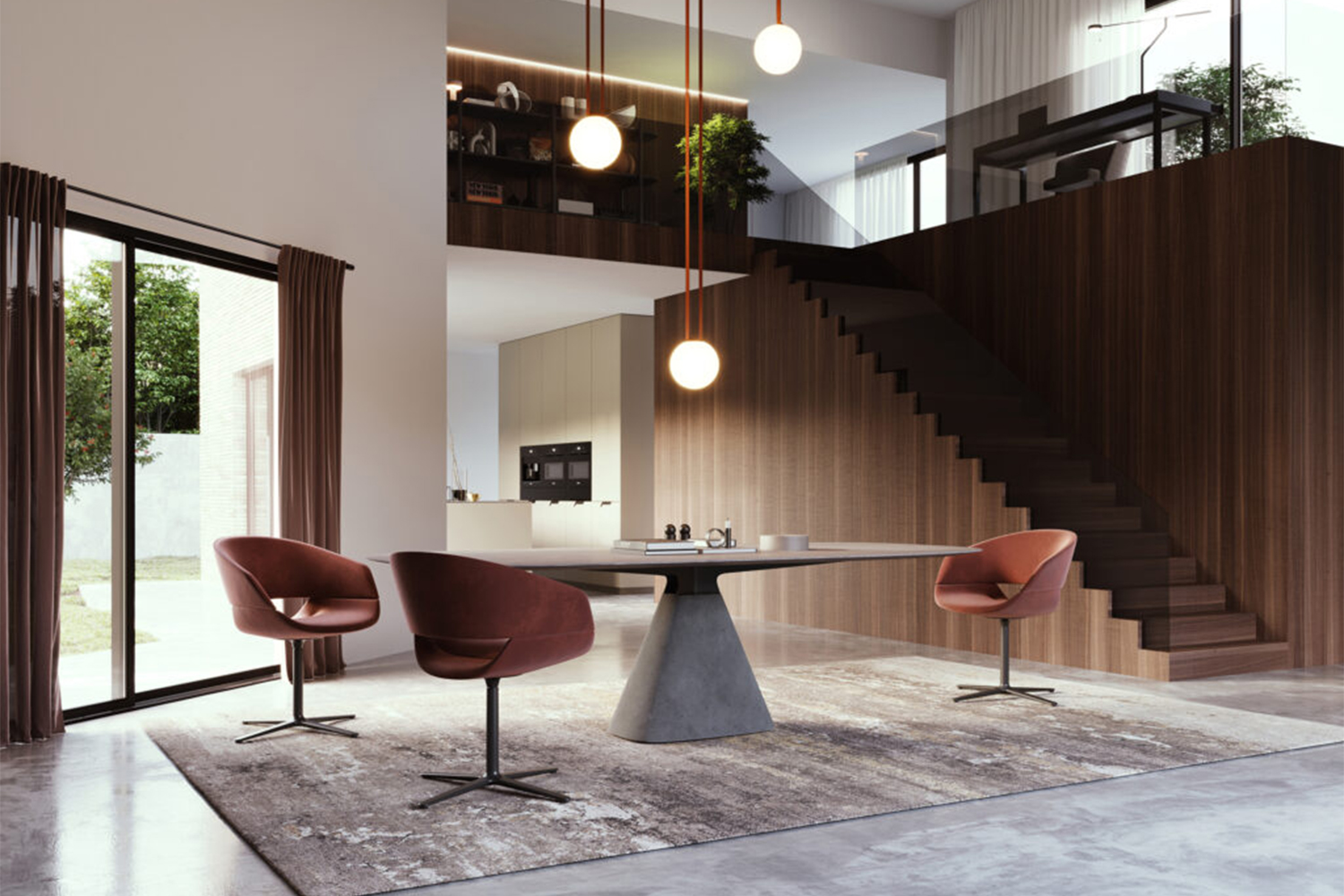Moderner Essbereich mit grossem Tisch auf konischem Betonsockel, drei terrakottafarbenen Drehstühlen, hängenden Kugelleuchten, holzverkleideter Treppe mit Galerieebene und bodentiefen Fenstern neben offener Küche.