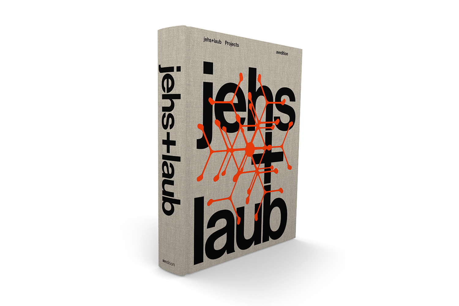 Buch „jehs+laub Projects“ von avedition mit beigem Leinen-Cover, grosser schwarzer Typografie „jehs+laub“ und orangefarbener grafischer Struktur auf der Vorderseite, freigestellt.