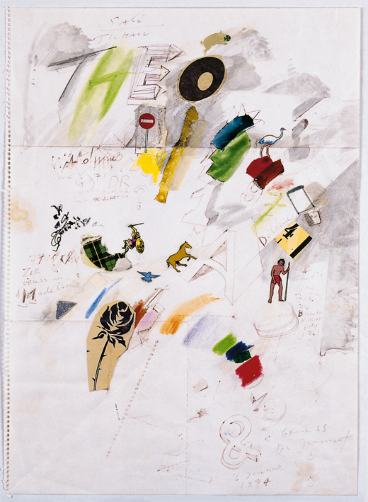 Collage auf weissem Papier mit dem Schriftzug THEO, Skizzen und Farbflecken. Eingeklebte Motive wie Rose, Tiere, Verkehrsschild, Figur und kleine Objekte sind locker verteilt.