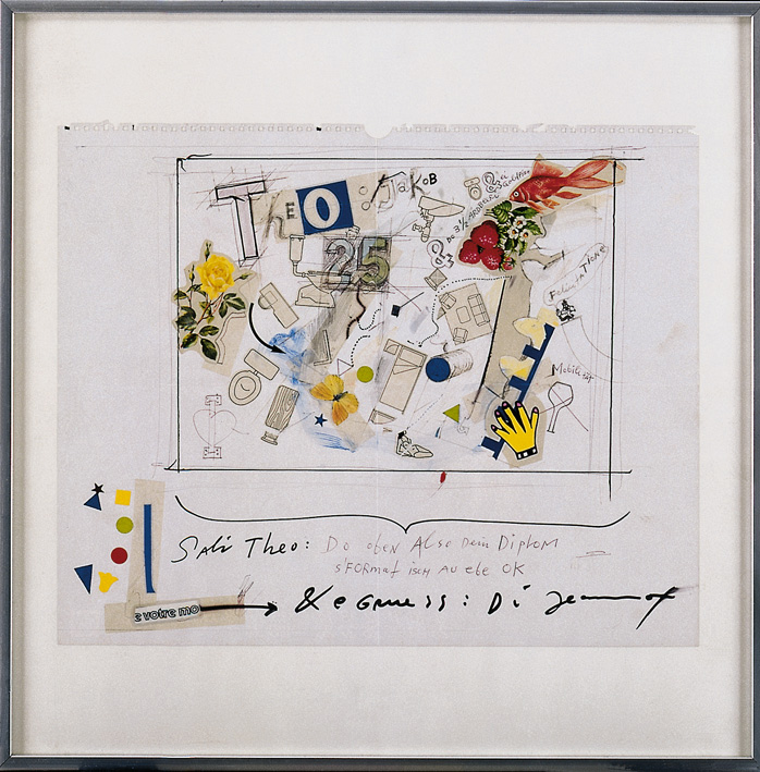 Collage auf weissem Blatt mit ausgeschnittenen Buchstaben, der Zahl 25, skizzierten Wohnobjekten, gelben Rosen, roten Beeren, Farbspuren und Klebeband. Unten eine handschriftliche Widmung an „Theo“ mit Markierungen.