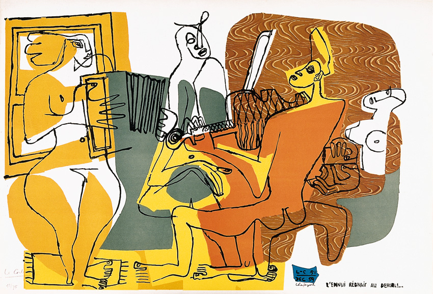 Abstrakte Szene mit stilisierten Figuren. Links Akkordeon, Mitte Gitarre, rechts eine gelb orange Figur im Sessel. Überlagerte Flächen in Gelb, Orange, Grau und Braun erzeugen Dynamik.