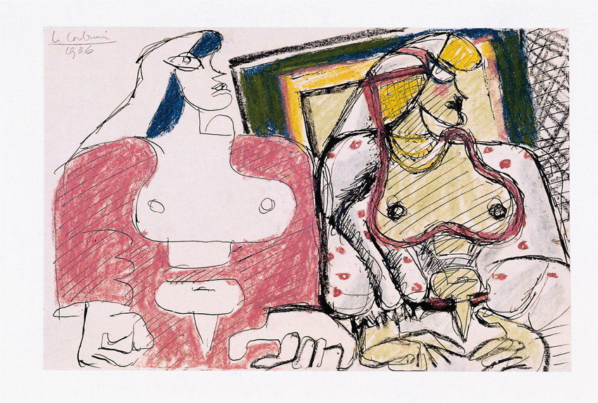 Zwei stilisierte Frauenfiguren in kubistischer Anmutung. Schwarze Konturen, Flächen in Rosa, Gelb, Rot und Grün. Sitzende Pose vor geometrischem Hintergrund. Expressive Linien und Punkte betonen die Körperformen.