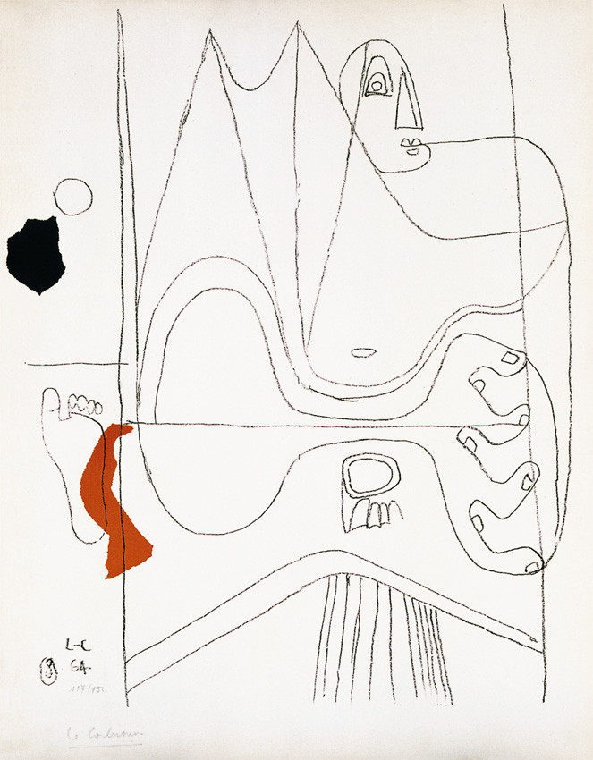 Abstrakte Linienzeichnung auf weissem Grund. Konturen eines liegenden Koerpers mit Fuss, Handformen und Gesicht. Akzente in Schwarz und Rot setzen Kontrast und Struktur.