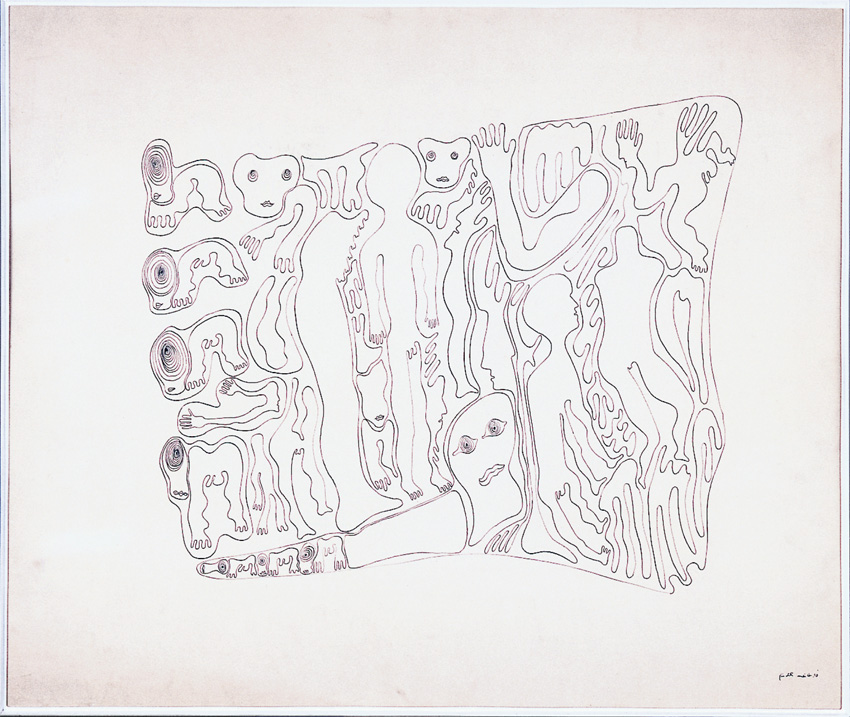 Feine Linienzeichnung mit vielen abstrahierten Figuren, Gesichtern, Händen und Füssen in einem unregelmässigen Rahmen. Wiederholte Spiralmotive links, organische Konturen auf weissem Grund.