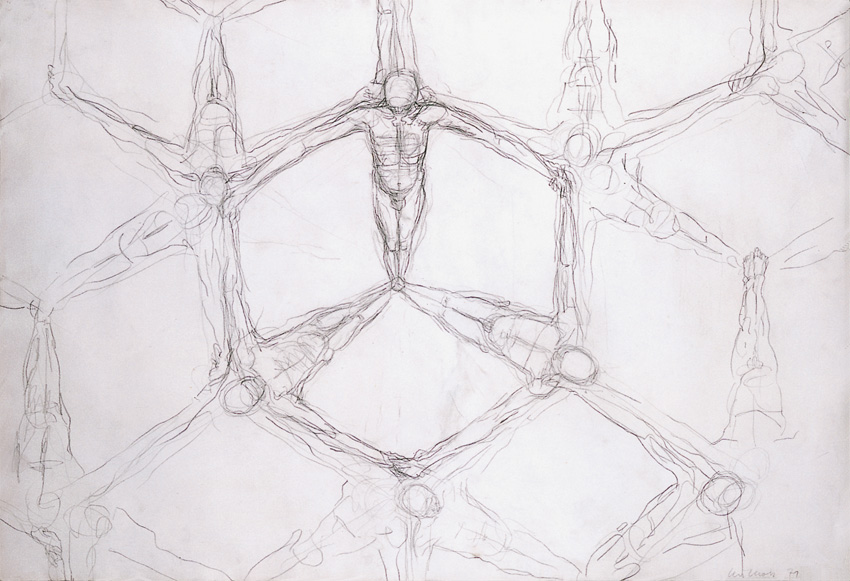 Bleistiftskizze mit sich wiederholenden, ausgestreckten Figuren. Die Körper verbinden sich zu einem hexagonalen Raster. In der Mitte eine zentrale Figur mit offenen Armen. Leichte Linien, transparente Überlagerungen.