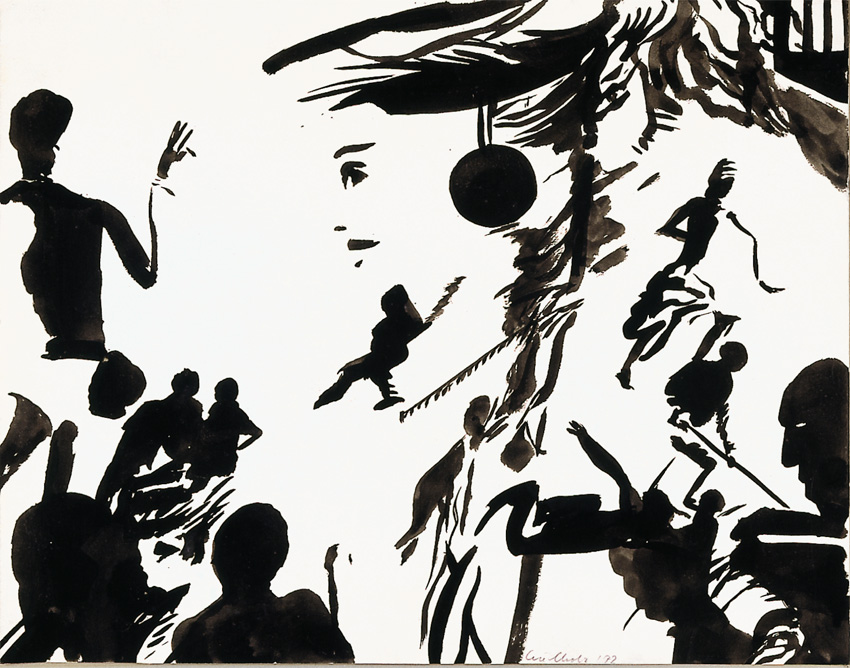 Schwarzweisse Tuschezeichnung mit dynamischen Silhouetten. Laufende und springende Figuren, Stab und Ball deuten auf Sport hin. In der Mitte ein angedeutetes Gesicht. Expressive Pinselspuren, starker Kontrast, viel Bewegung.