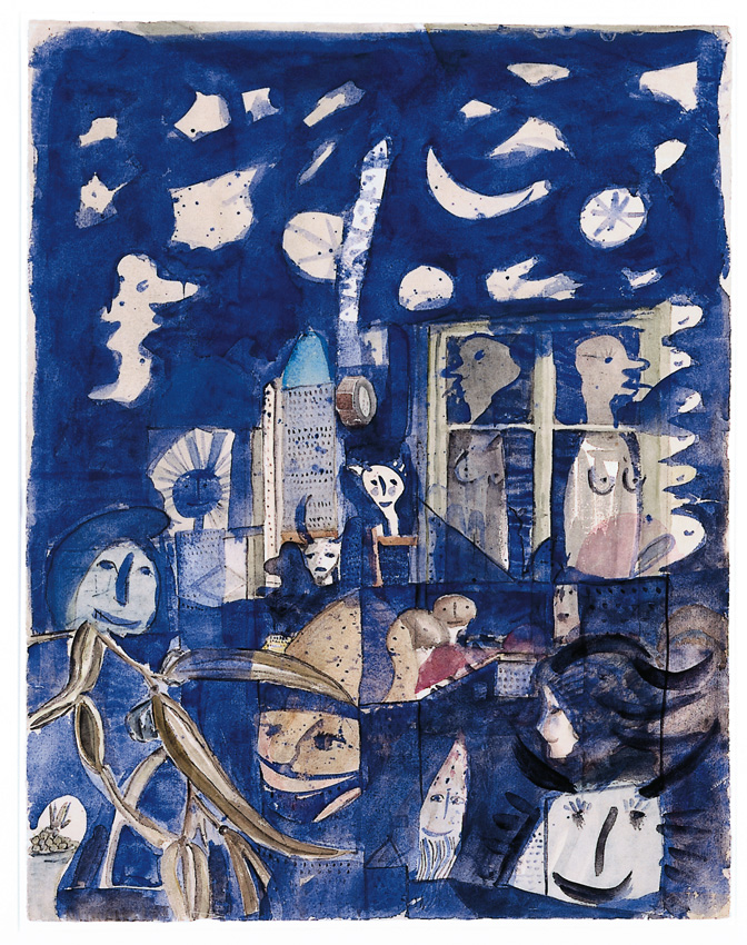 Abstrakte Collage in sattem Blau. Nachthimmel mit Monden und Sternformen. Silhouetten von Gesichtern vor einem Fenster. Stadtfragmente, Masken und Pflanzen. Aquarell und Tinte, verspielt und surreal.