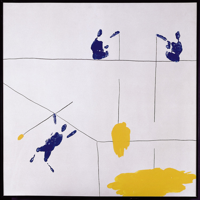 Abstrakte Komposition auf weissem Grund. Dünne schwarze Linien bilden horizontale und vertikale Achsen. Oben drei blaue, figurenartige Flecken. Links unten weitere blaue Tupfer. Rechts gelbe Farbflächen in der Mitte und unten. Minimal und grafisch.