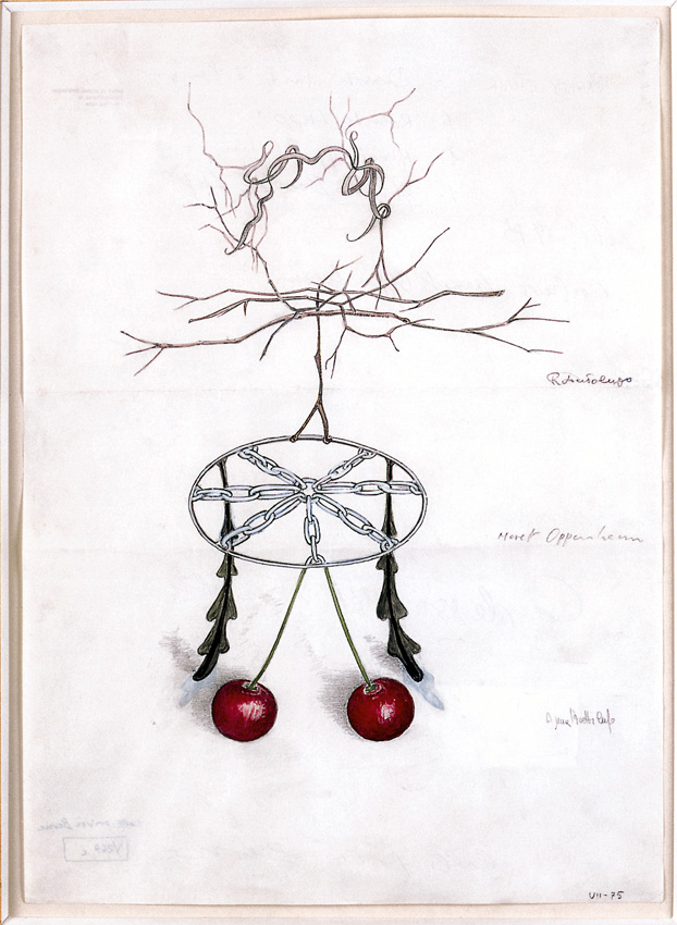 Feine Zeichnung eines hängenden Mobiles aus Zweigen und Ketten. In der Mitte ein ovaler Ring mit Kettengliedern. Daran hängen vier dunkle Blattformen und zwei rote Kirschen. Oben verlaufen verästelte Zweige. Handnotizen am Rand.