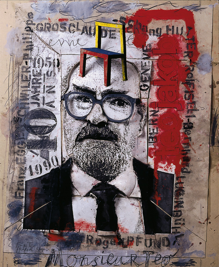 Collageartiges Portraet eines aelteren Mannes mit Brille, Anzug und Krawatte. Auf seinem Kopf steht ein kleines buntes Stuhlmodell. Um das Gesicht herum typografische Elemente, Zahlen und handschriftliche Notizen. Dominante Farben Schwarz, Weiss und Rot. Ausdrucksstarker, plakativer Stil.