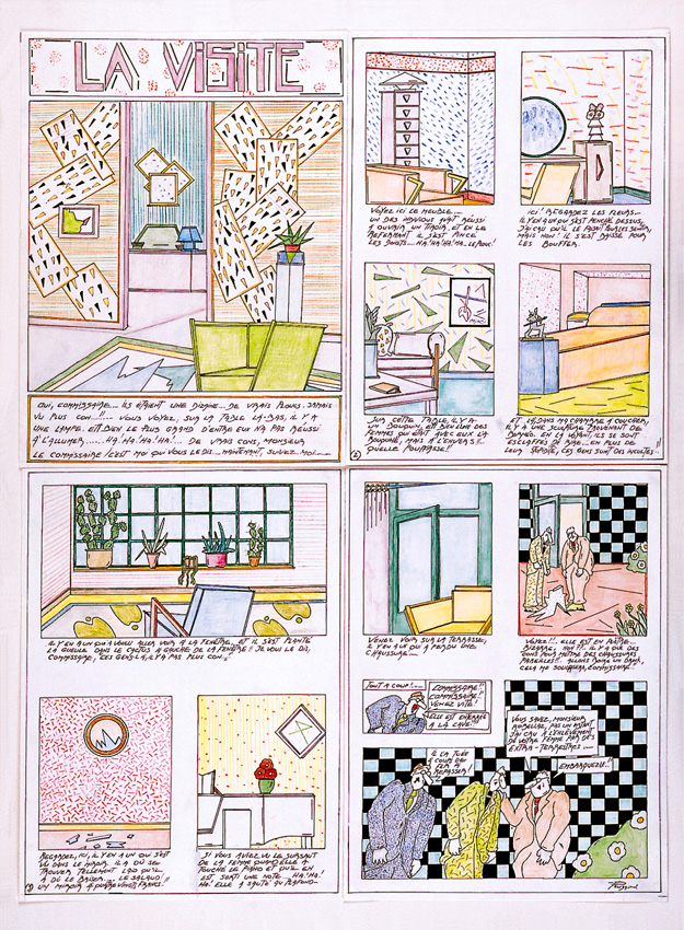 Comicseite mit dem Titel „LA VISITE“. Mehrere farbige Panels zeigen stilisierte Innenraumszenen mit Möbeln, Pflanzen und geometrischen Mustern. Französische Sprechblasen strukturieren die Handlung. Rechts unten Figuren vor Schachbrettmuster.