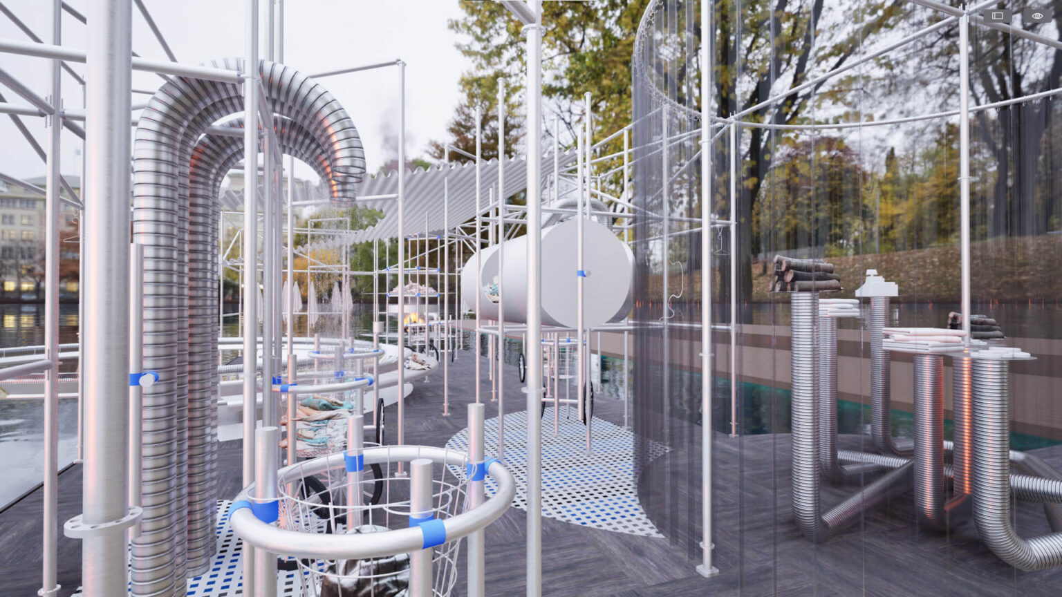 Begehbare Installation aus Metallrohren und transparenten Elementen im Aussenraum.