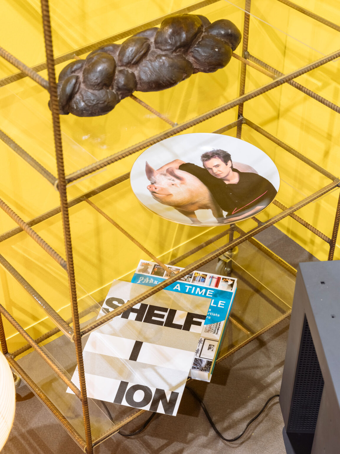 Detail eines groben Metallregals vor gelber Wand, unten ein Magazin, darauf ein Teller mit Foto eines Mannes und eines Schweins, oben eine dunkle skulpturale Form.